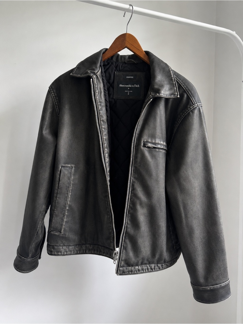 Abercrombie & Fitch Distressed Black Leather Zip Oversized Jacket